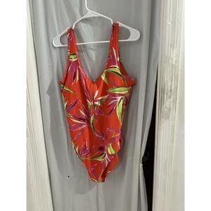 Old Navy Orange Tropical Print Zip Front Scoop Back One Piece Swimsuit Sz Xl